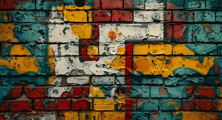 Fototapeta premium A vibrant graffiti wall showcases a stunning blend of red, yellow, and blue bricks, transforming an ordinary brick wall into a canvas of urban art.