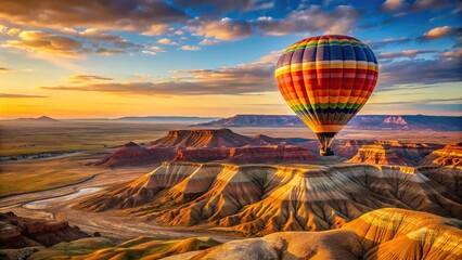 Hot air balloon floating above Painted Desert at sunrise