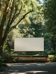 Fototapeta premium A blank white billboard mockup in a peaceful park setting, surrounded by trees, greenery, and a walking path.