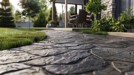 A close-up view of a stone walkway cutting through a lush, green garden, leading to a cozy outdoor patio area under a wooden pergola.
