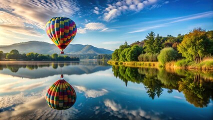 Fototapeta premium hot air balloon flying over tranquil lake with greenery scenery