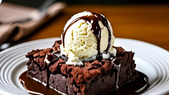  Indulgence in a bite  Chocolate cake with a scoop of vanilla ice cream