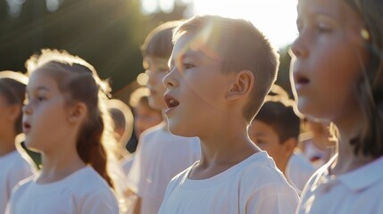 A group of children singing outdoors in the warm daylight, capturing a moment of youthful joy and camaraderie with sunlight streaming through the trees behind them.