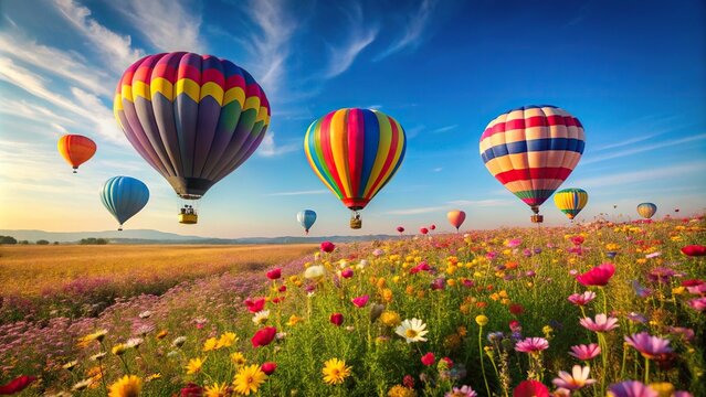 hot air balloons flying over field of flowers