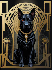 Black dog in the art deco stile on the black background 