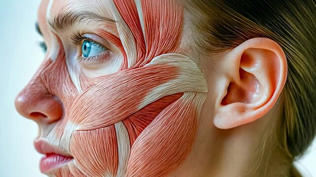 A close-up of a young adult Caucasian woman's face displays meticulous detailing of the facial muscles. She has blonde hair pulled back, with a neutral background. The time of day is indeterminate,