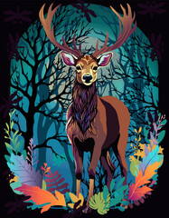 Deer in the forest with leaves and berries on the black background