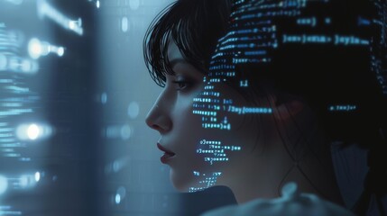 A close-up profile of a woman's face with digital code projected onto her, symbolizing the intertwining of humanity and technology in a futuristic setting.