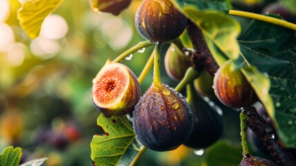 Dew-kissed figs hanging from a lush tree, with one fig beautifully sliced open, capturing the vibrant colors and freshness of the fruit in sunlight.