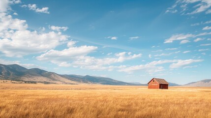 A solitary red barn set against a backdrop of golden fields and expansive blue sky, depicting the tranquil beauty of rural life.