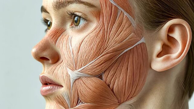 A close-up profile of a young Caucasian woman displaying an anatomical illustration of facial muscles superimposed on her skin. The image highlights the intricate muscular structure of the human face.
