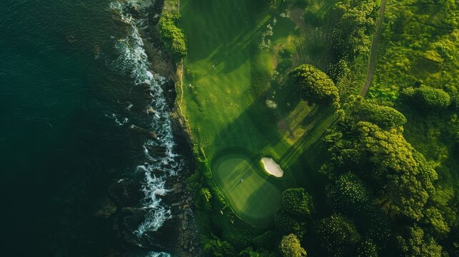 Aerial view of a lush, green golf course bordered by a rugged coastline, the contrast between the manicured grass and wild sea creating a striking scenic beauty.