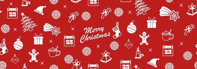 Naklejka premium Christmas pattern with festive icons gifts, trees, baubles, gingerbread, and holiday decorations on a red background.Christmas gift paper. New Year mood.