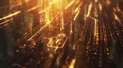 Obraz premium Golden lock symbol embedded within a dense matrix of golden data points and lines, portraying a secure data environment.