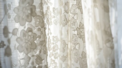 Sunlight filters through delicate white lace curtains, revealing intricate floral patterns.