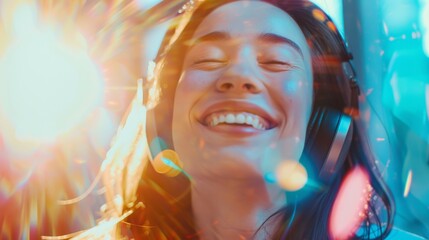 A young person beams with joy, lost in an immersive musical experience through headphones, with vibrant, multicolored bokeh lights adding a dreamy effect.
