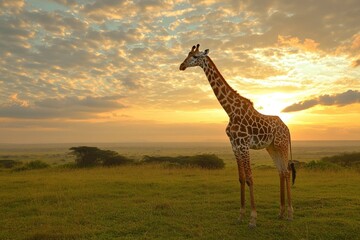 Obraz premium Giraffe at sunset. Beautiful African scenery .generative ai