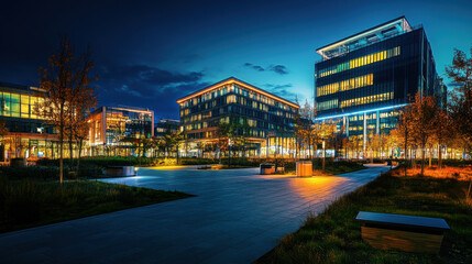 Night view of a high-tech business park with illuminated, eco-friendly office buildings