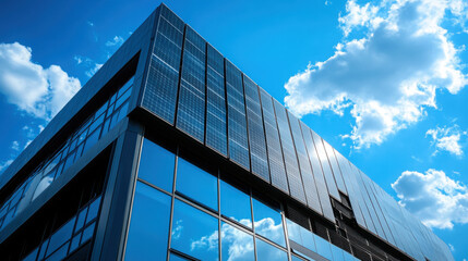Exterior of a high-tech building with innovative solar panels and a sleek, modern design