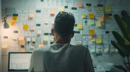 Fototapeta premium A man, seen from behind, in a cozy workspace bathed in warm light, studies a wall full of organized sticky notes, embodying focus and dedication.