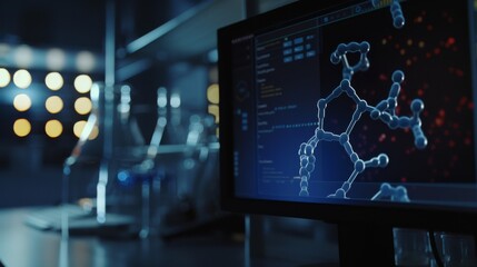Fototapeta premium A lab computer screen shows a complex molecular model, highlighting scientific research and advanced technology.