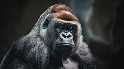 Naklejka premium A powerful and intense portrait of a gorilla in a jungle setting, showcasing its strength and majesty.