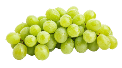 A bunch of green grapes solated on transparent background, PNG file, with water droplets for a fresh look