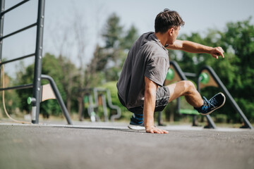 Obraz premium Young man performing outdoor fitness exercises on playground equipment in a park setting, showcasing strength and agility.