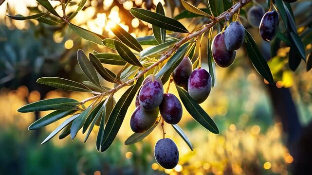 Ripe Olives in the light of sunset on a tree limb. The olive tree and the garden are illuminated by the sun's beams.