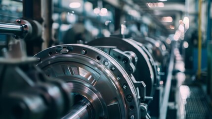 Fototapeta premium Close-up of complex machinery parts in a factory setting, showcasing industrial engineering.