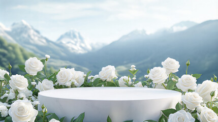 White empty circular podium with smooth surface surrounded by white roses and greenery against scenic mountain backdrop. Elegant outdoor floral product display background with copy space.