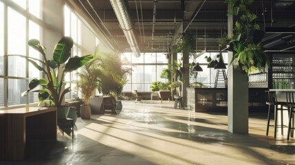 Sunlit, industrial-style loft workspace with large windows, indoor plants, and minimalist furniture, promoting a creative and dynamic work atmosphere.