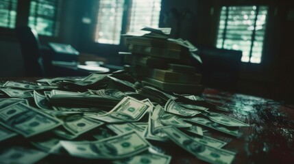 A pile of cash scattered across a wooden table in a dimly lit room, evoking thoughts of wealth and secrecy.
