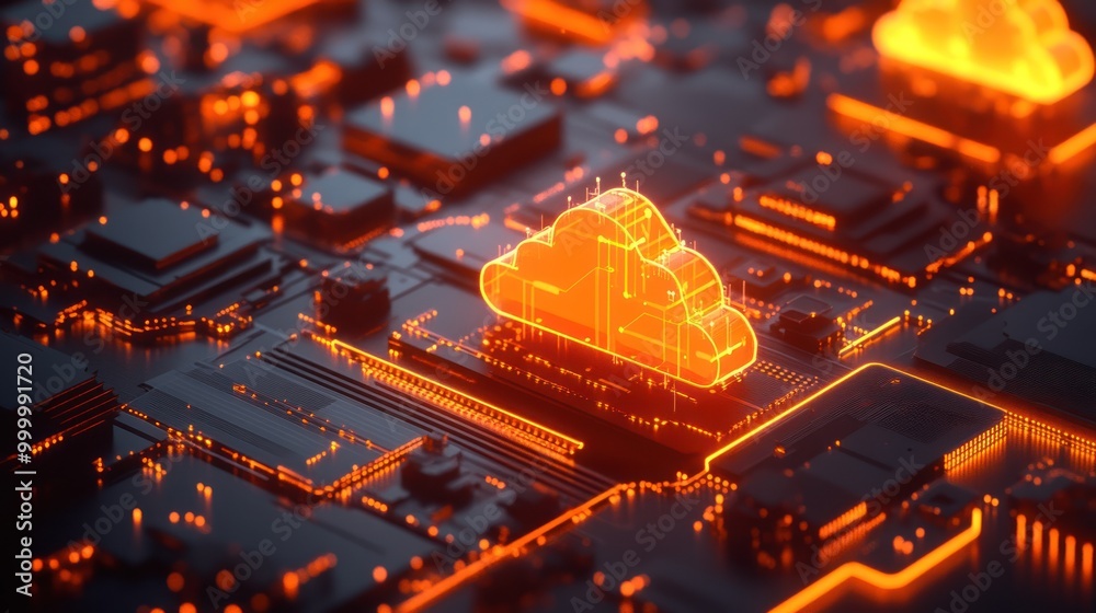 Poster a digital representation of cloud computing with glowing elements on a circuit board.