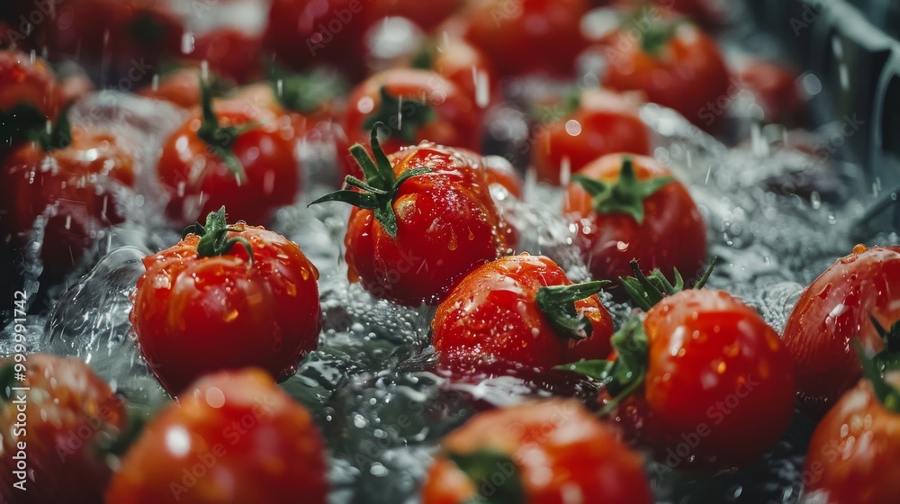 Canvas Prints Fresh red tomatoes glisten under running water in this close-up shot, showcasing their vibrant colors and natural beauty.