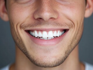 Fototapeta premium Close-up portrait of young man with dazzling smile. Perfect white teeth against neutral gray background. Fresh, clean look emphasizing dental health.