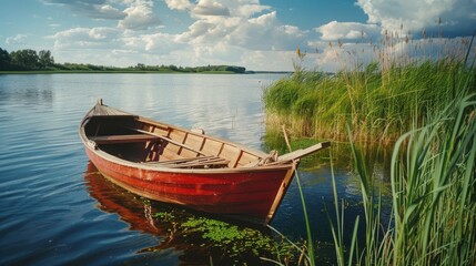 Naklejka premium A rustic wooden boat floats on calm waters, with a backdrop of blue sky and green reed, evoking tranquility and nostalgia.