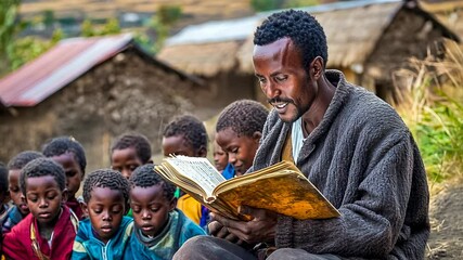 An Ethiopian man reads a book to a group of young Ethiopian children outdoors. The children, engrossed, sit closely together. It's daytime, and the backdrop shows simple village huts, adding a warm,