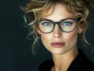 Obraz premium Confident businesswoman portrait, piercing blue eyes behind stylish glasses, tousled blonde curls, warm studio lighting, professional yet approachable demeanor