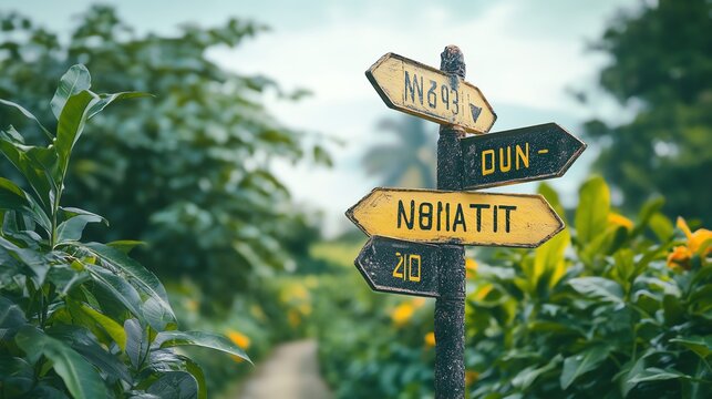 A sign post with 4 arrows, one reads "NO 21H", another reads "DUN-", another reads "N8IIATIT", and the last one reads "MO IN".