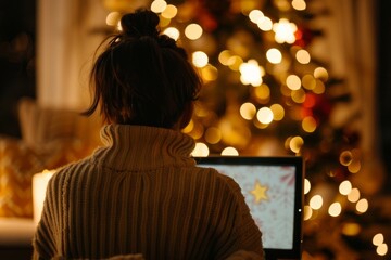 Obraz premium A woman is sitting in front of a Christmas tree with a laptop on her lap