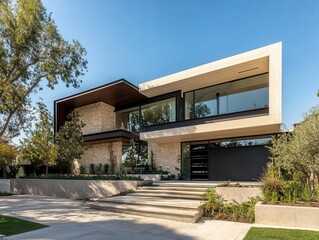 Fototapeta premium Contemporary house with a striking facade featuring warm earth tones and geometric shapes. Showcases innovative architectural design and luxurious living.