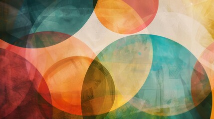 A vibrant mix of overlapping translucent circles in warm and cool tones creates an abstract, dynamic composition full of energy and movement.