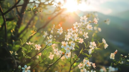 Obraz premium Delicate white flowers bask in the golden glow of a setting sun, capturing the serene beauty of a tranquil nature scene.