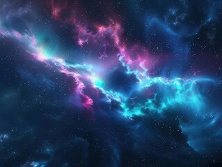 Fototapeta premium Cosmic spectacle crystalline aurora erupts from magenta nebula, electric blue plasma dancing across starlit sky. Ethereal light show illuminates the celestial expanse in breathtaking display.