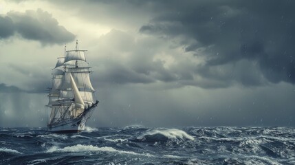 Obraz premium A majestic ship battles a stormy sea under ominous clouds, its sails straining against the wind in a dramatic maritime scene.