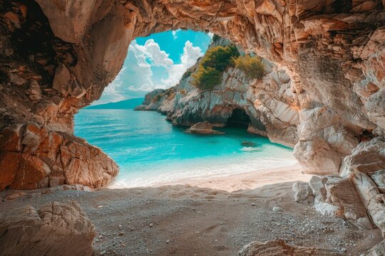 Elafonisos Beach Cave View with Turquoise Waters and Natural Colors