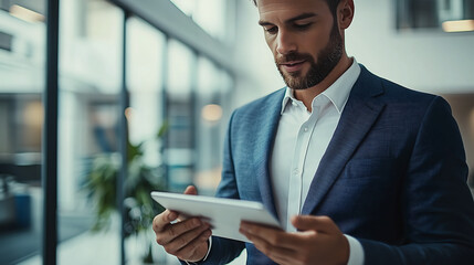 Business man in formal attire using a digital tablet in a modern office environment