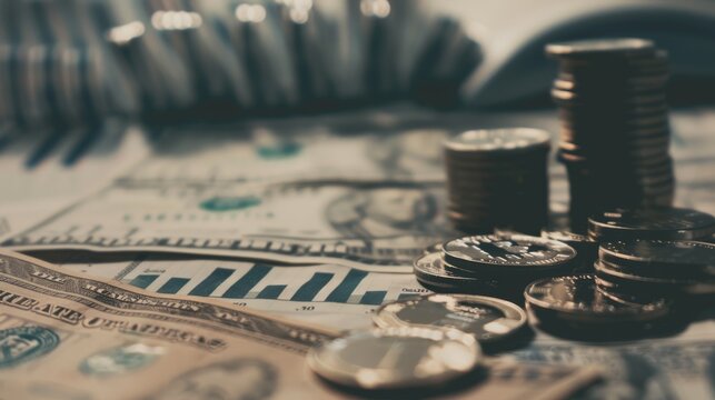 Stacks of coins and scattered dollar bills on a financial report, representing wealth management and financial planning.