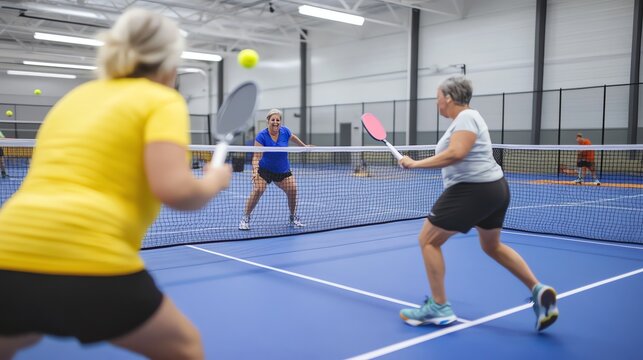 A group of people playing pickleball on an indoor court.